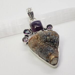 Natural Rough Druzy Amethyst Sterling Silver Plated Pendant 2.4" Gemstone